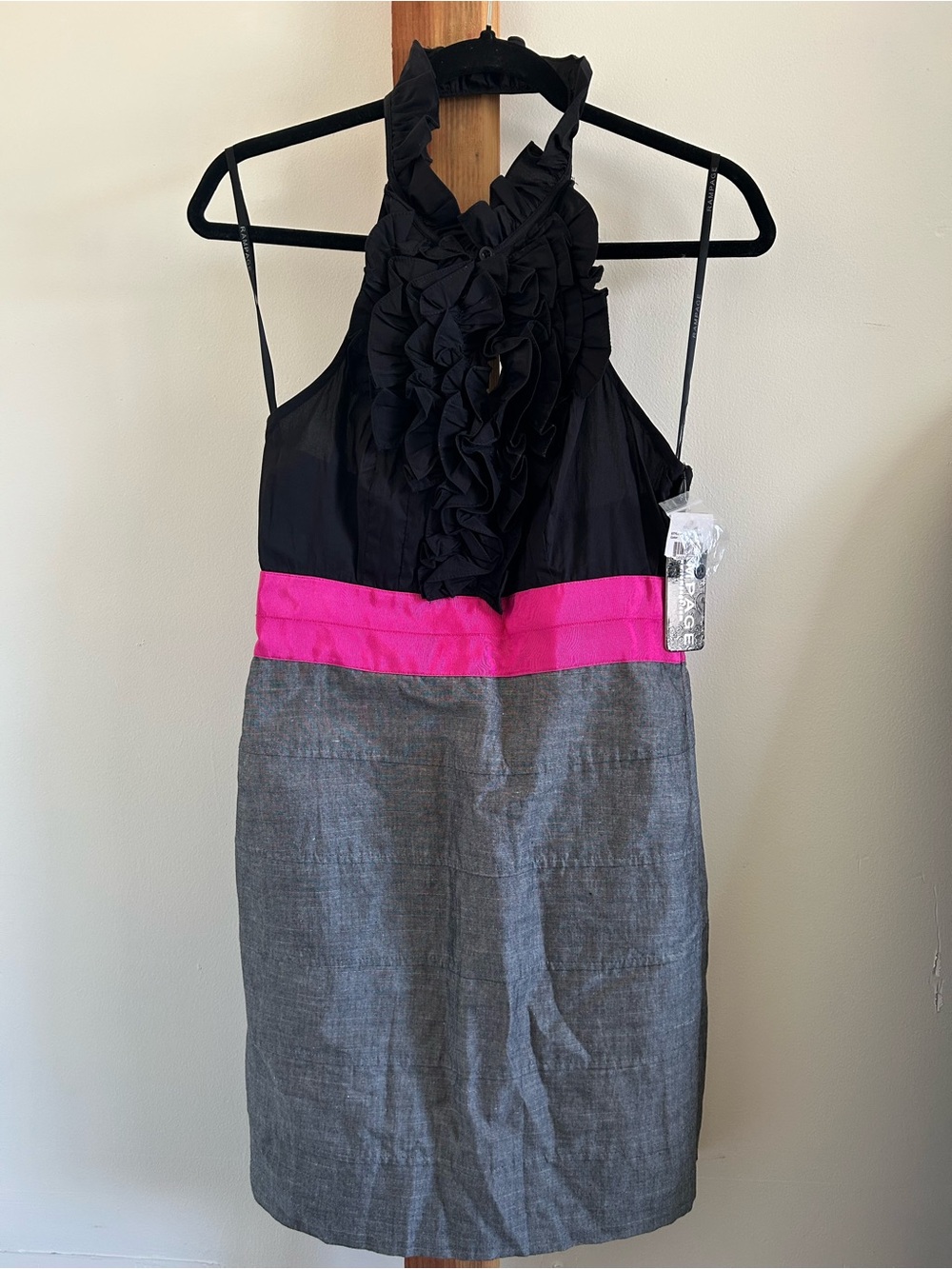 Rampage Black, Hot Pink & Gray Ruffle Halter Backless Dress